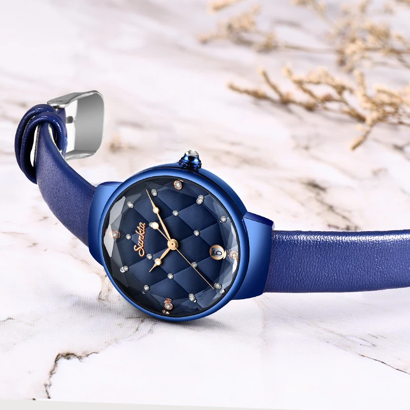 SUNKTA женские модные синие кварцевые часы кожаный высококачественный ремешок для