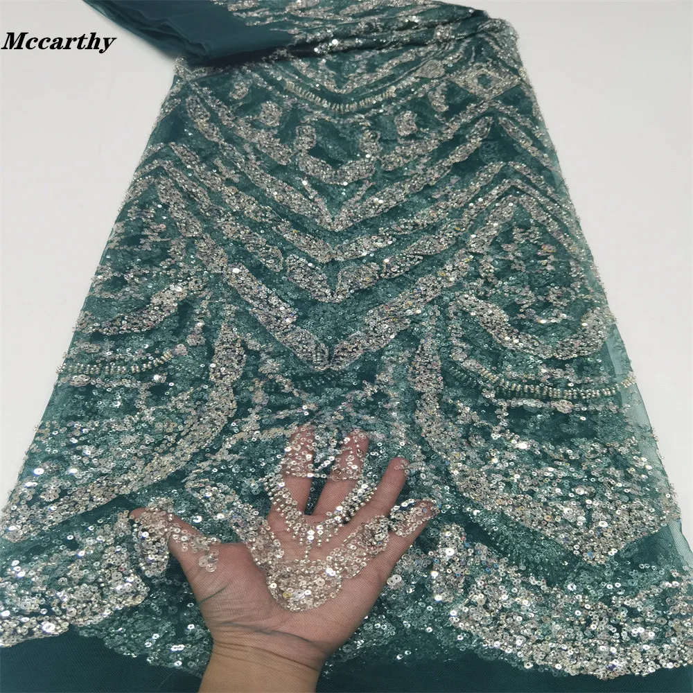 

Mccarthy зеленое нигерийское французское Сетчатое кружево с полными бусинами ткань с вышивкой бисером блестками кружевная ткань для свадебног...