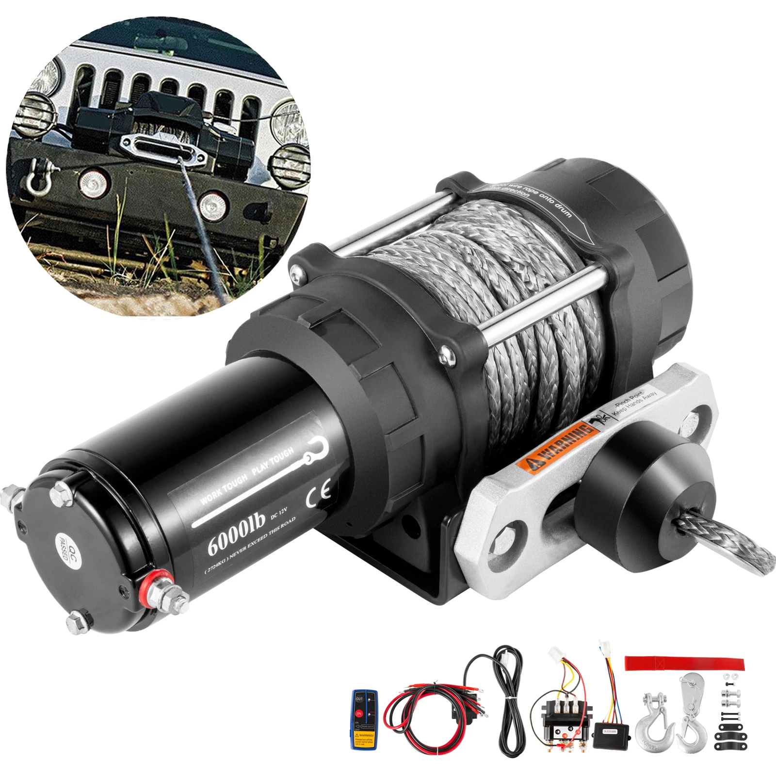 

VEVOR 6000LBS Electric Winch 12V 43ft Synthetic Rope Power Winch Jeep Winch with Wireless Remote Control for UTV