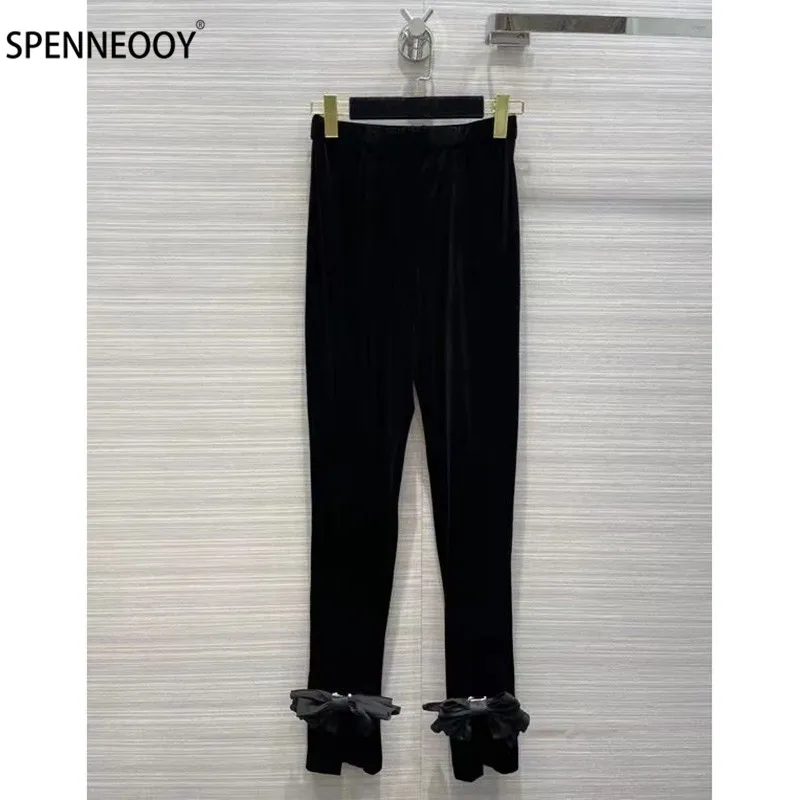 

SPENNEOOY Designer Brand Autumn Vintage Black Velvet Bow Pencil Pants Women Elastic Waist Split Velvet Leggings
