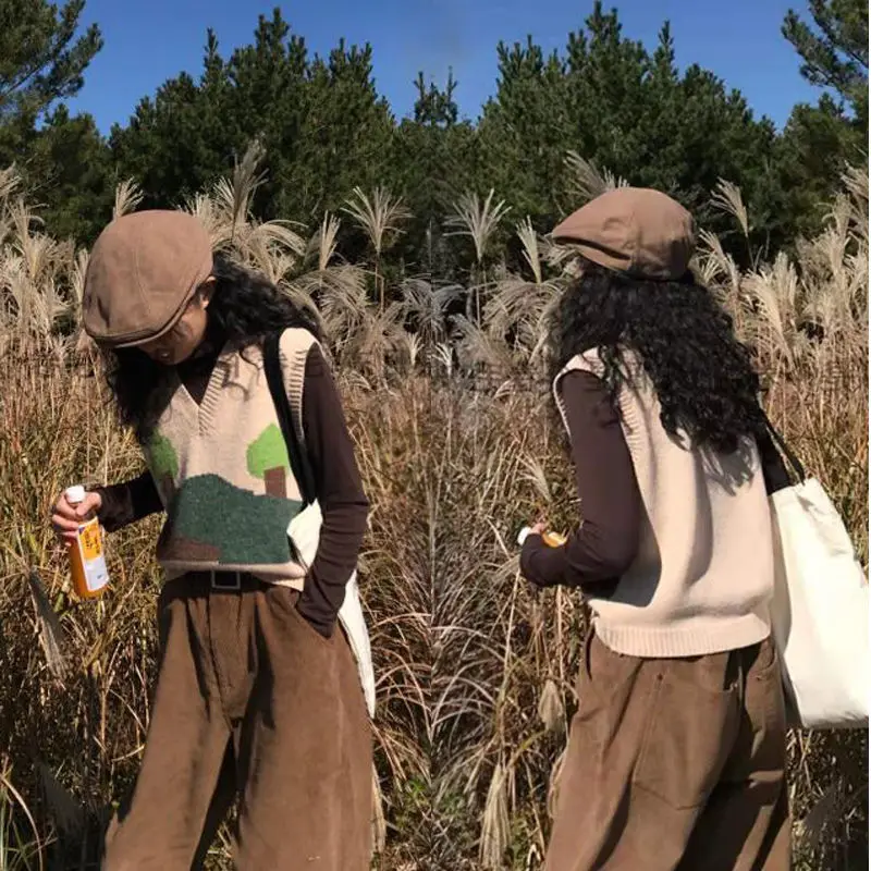 

Sweater Vests Women Cartoon V-neck Autumn New Womens Leisure Sweaters Sleeveless Students Warm Loose Trendy Casual Ulzzang Daily