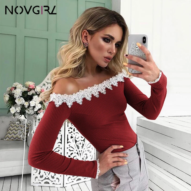 Novgirl/элегантные кружевные вязаные женские футболки с открытыми плечами 2019