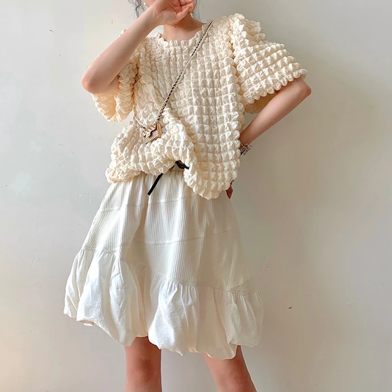 

SHENGPALAE Personality High Waist Drawstring Puff Skirt Women's Summer 2021 New White Spliced Mini Sweet Skirts Female Tide