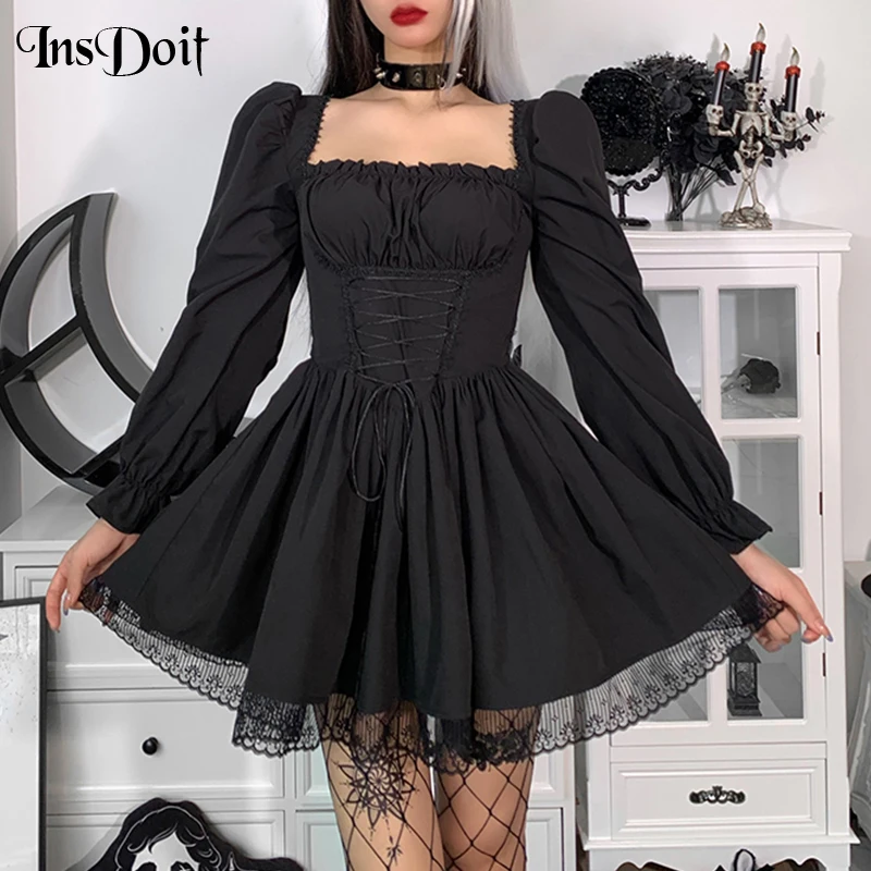 

InsDoit Gothic Lolita Lace Up Black Corset Dress Women Harajuku Vintage Lace Aesthetic High Waist Dress Punk Party A Line Dress