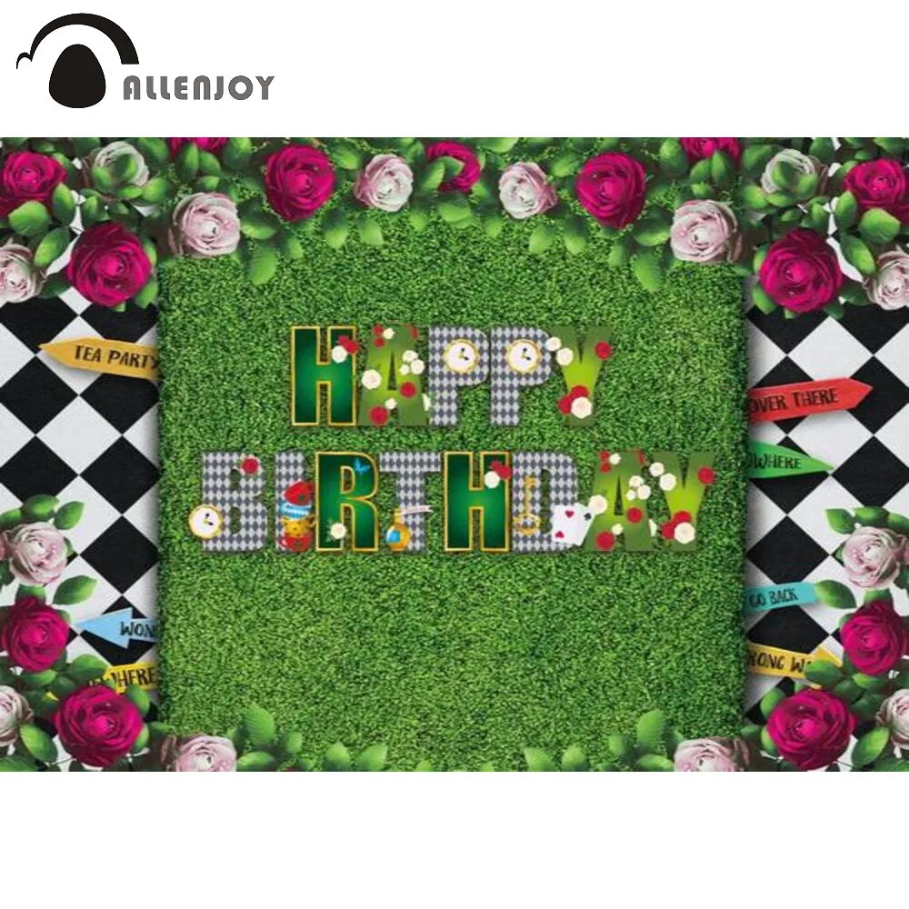 

Allenjoy Happy Birthday Backdrop Wonderland Green Grass Rose Flowers Baby Girl Kids Decor Background Banner Photobooth Props