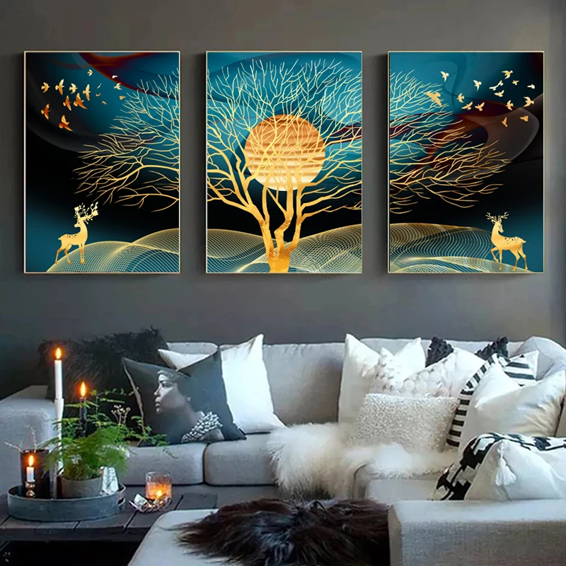 

Golden Dream Landscape Luxury Canvas Painting Deer Tree Moonlight Birds Forest Prints Modern Nordic For Home Wall Interior Decor