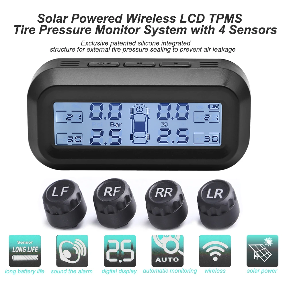 Монитор давления в шинах TPMS с 4 датчиками дисплеем солнечной батареей |