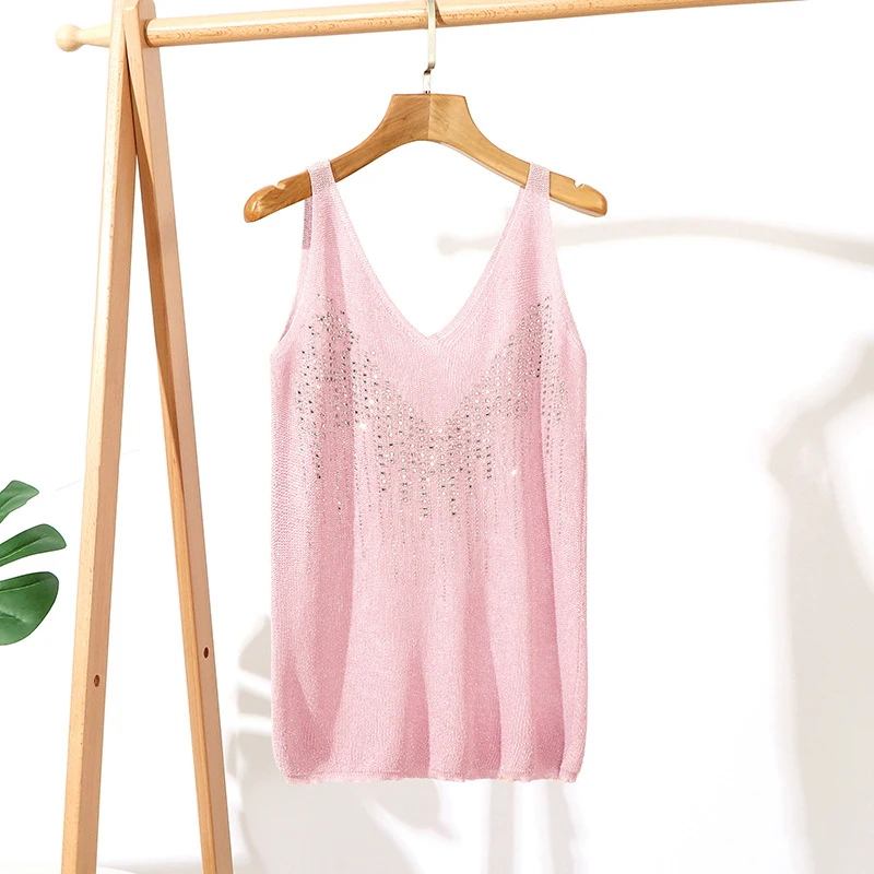 Summer Casual Solid Knitted Tank Tops Women 2020 New Hotfix Rhinestone Sleeveless Top | Женская одежда