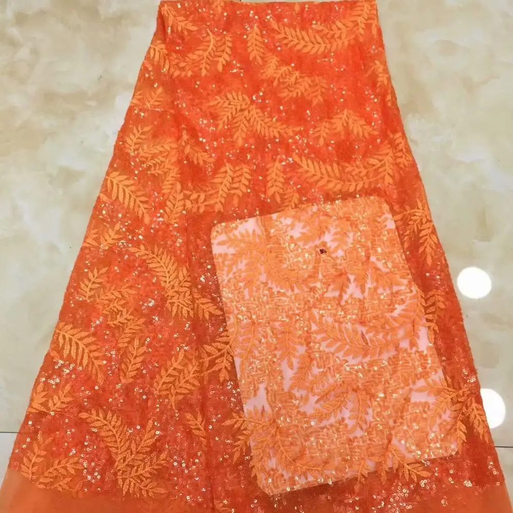 

Оранжевая африканская кружевная тюль с вышивкой блестками, кружевная ткань, качественная сетчатая ткань для одежды, платья