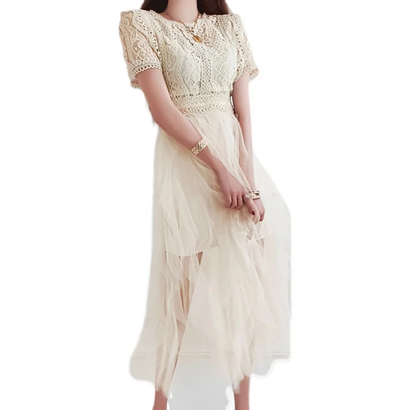 

Summer Lace Dress Women O-Neck Short Sleeve Mesh Party Dress Korean High Waist Hollow Out Long Midi Dress Floral 2021 C367