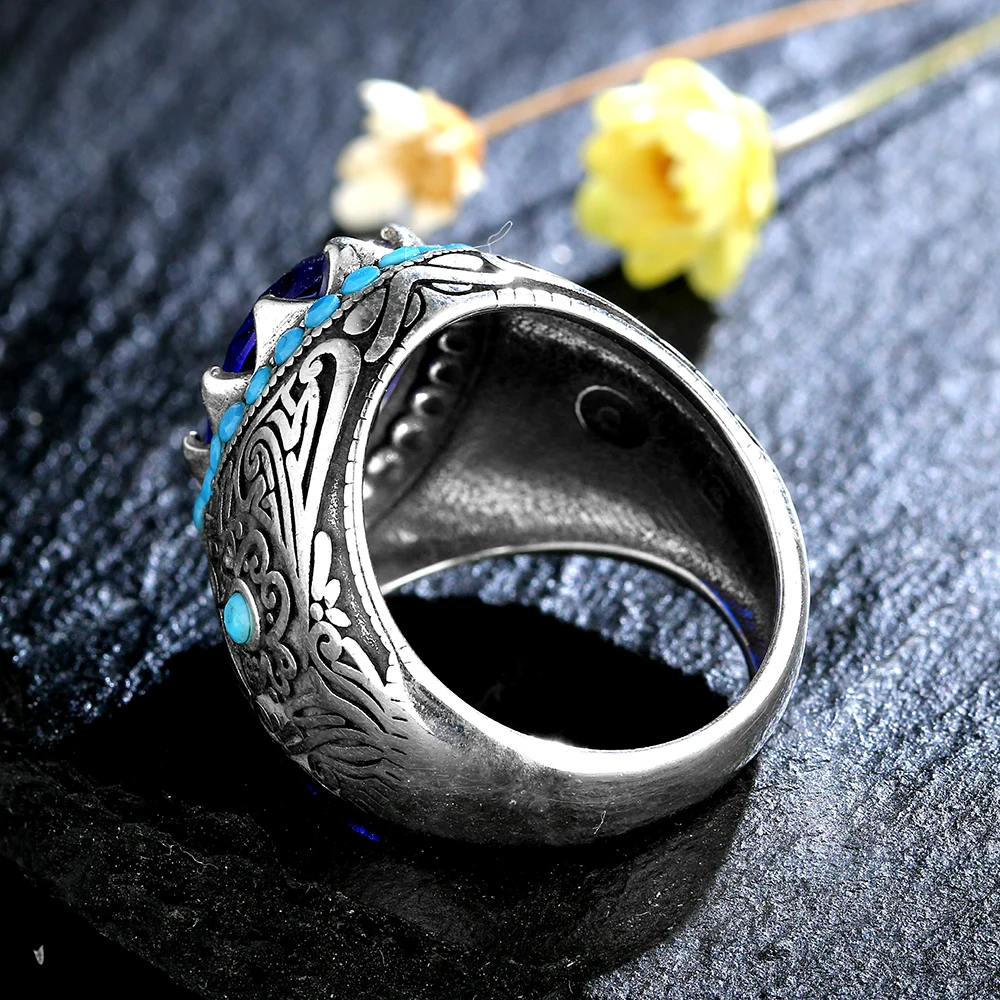 

S925 Silver Ring Sapphire Dark Blue Zircon Stone Ring Gemstone Fine Jewelry Male Thai Silver Turkish for Men Women Jewelry Gifts