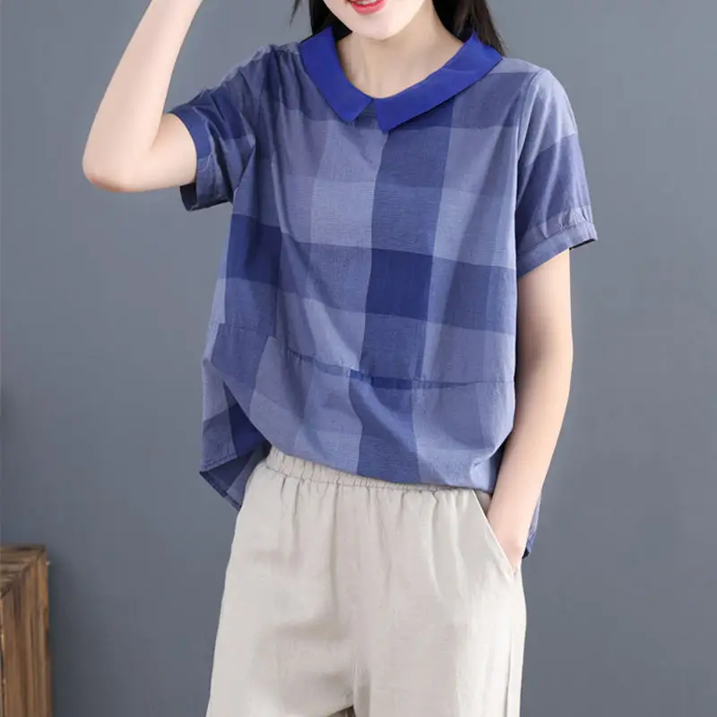 

2020 summer wear new style loose art RETRO short sleeve Imitation cotton linen casual Plaid T-shirt