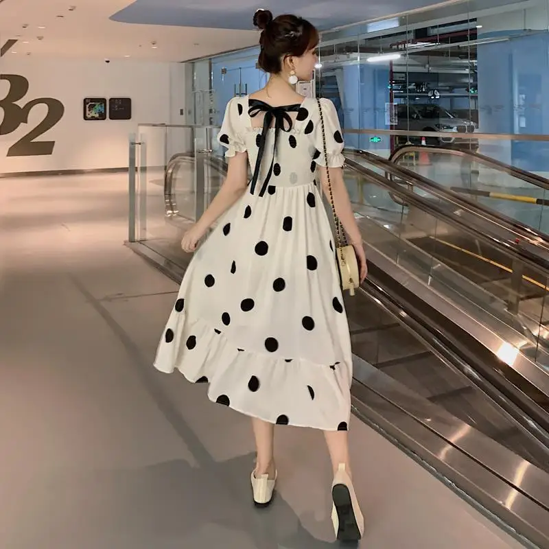 

awe-inspiring Summer Square Collar Short Puff Sleeve Cute Sweet College Wind Korean Style Dot Printed dot dress Women Dresses