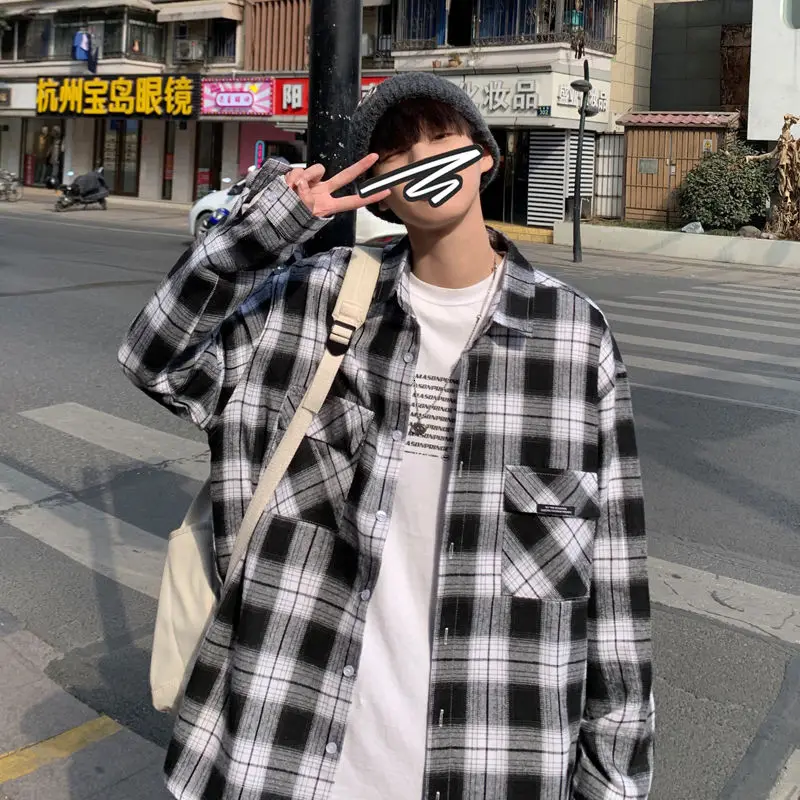 

2021 Spring And Autumn New Youth Popular Men's Loose Plaid Single-breasted Long-sleeved Shirt Fashion Casual Single-breasted Top