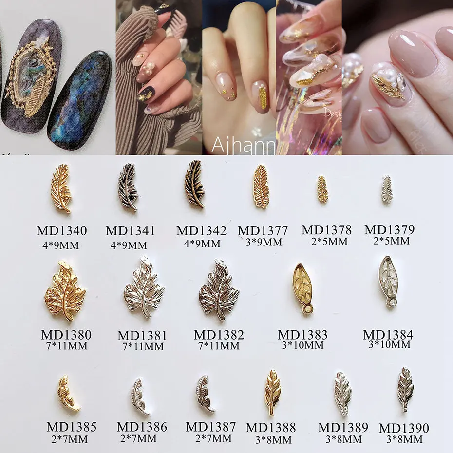 

100pcs/lot Gold Leaves Feather Alloy Metal Rivets Nail Art Decorations Supplies DIY Nails Accesorios Jewelry Designs Charms