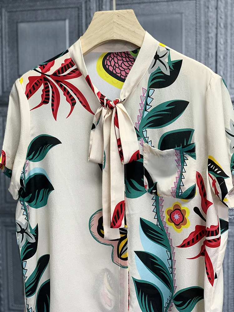 New 100% silk Blouses & Shirts  painting   with a silver spoon in her mouth feels dye wood   atmosphere ribbon printed 32726