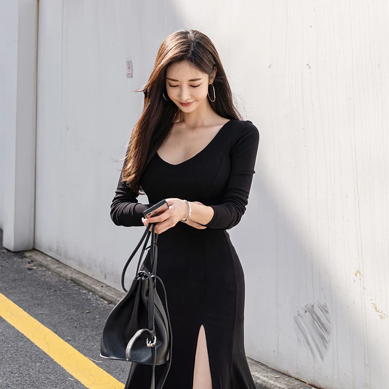 Женское длинное платье-макси с длинным рукавом и круглым вырезом | Женская одежда