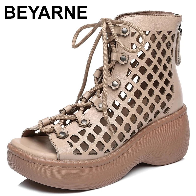 

BEYARNE 2021 New Hollow Genuine Leather Sandals Women Shoes Sandals Platform Wedges Summer Shoes Woman Fashion Casual Sandals