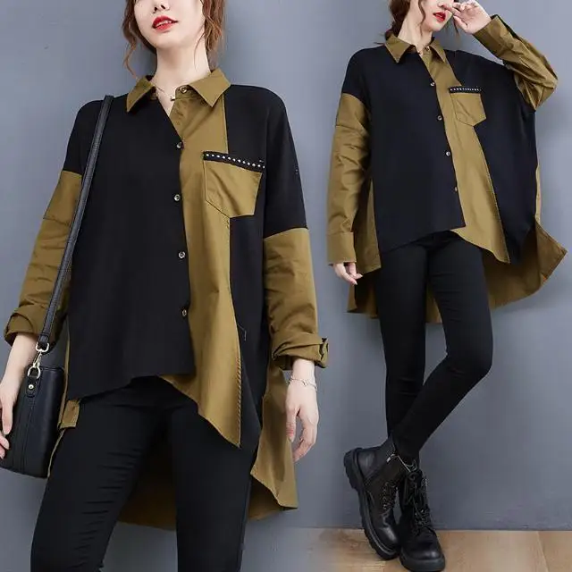 Contrast stitching large irregular shirt women's long sleeve 2021 autumn new design feeling versatile loose shirt fashion