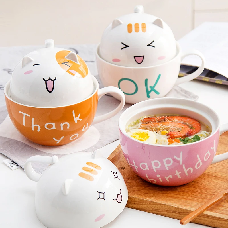 

Ceramic cute bubble noodle bowl with cover large student with handle salad net red dormitory with cup bowl cartoon home
