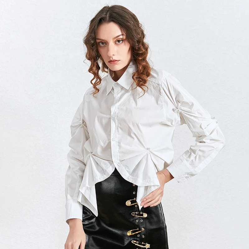 Женская рубашка TWOTWINSTYLE белая с длинным рукавом и отложным воротником|Рубашки| |