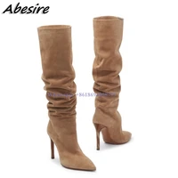 new long brown pleated boots slip on solid stilettos high heel pointed toe women boots knee high big size shoes botas de mujer