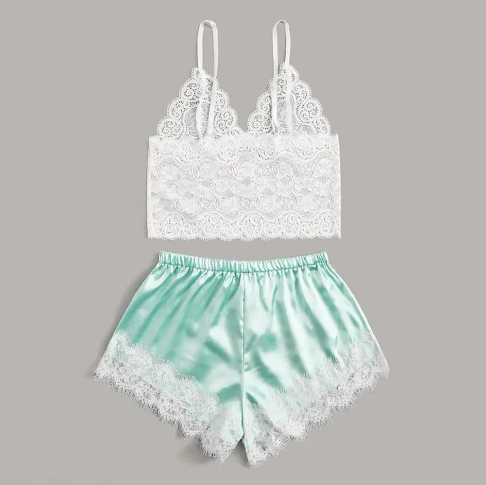 2pcs Womens Lace Pajama Set Sleeveless Crop Tops Elastic Bowknot Shorts Ladies Two Piece Solid Color Sleepwear Summer | Женская одежда