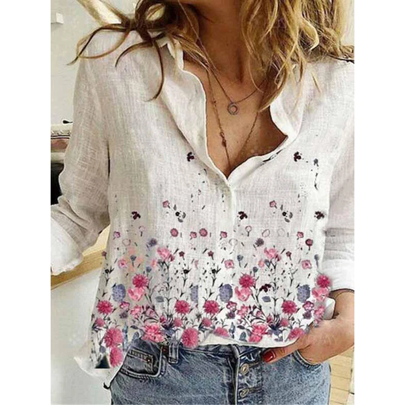

Vintage Print Floral Blouse Shirt Women 2021 Autumn Spring Elegant V Neck Pullover Female Casual Long Sleeve Button Top Blusas