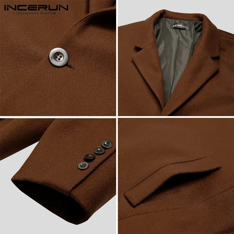 

INCERUN Fashion Men Coats Solid Faux Wool Blends Elegant 2021 Long Sleeve Lapel Jackets Autumn Winter Chic Brand Mens Overcoats