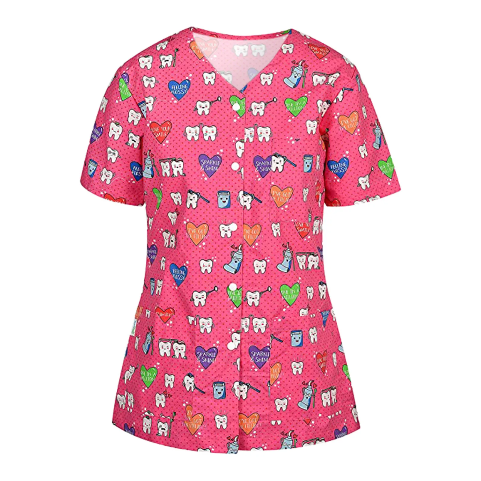 

Women Valentine T-shirt Cartoon Printing Short Sleeve V-Neck Tops Nursing Working Uniform Plus Size Blouse 2021 Summer Camicia