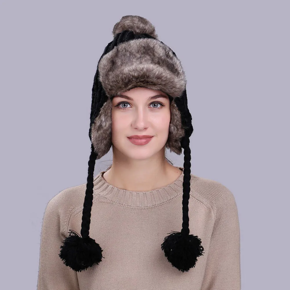 Теплая женская зимняя шапка с ушками Снежная Лыжная Толстая Вязаная Шерстяная Круглая Шапочка шапка Повседневная Уличная шапка-бомбер