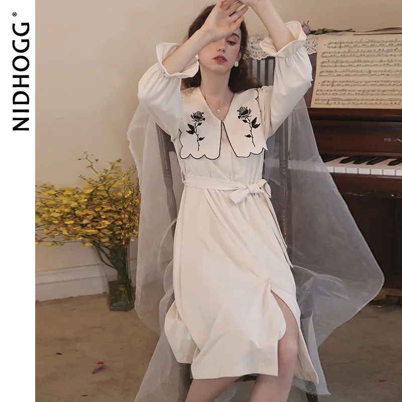 

Women Spring French Nightdress Long Sleeve Cotton Nightgowns Floral Court Sexy Sleepwear Thin Loose Night Dress Home Sleepshirts