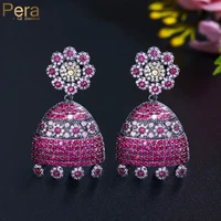 pera super rose red cz stone black gold big flower tassel wind chimes dangle earrings for women ethnic jewelry accessories e822
