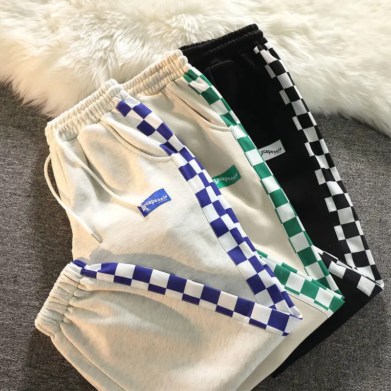 

Винтажные клетчатые брюки с широкими штанинами, Джоггеры для женщин, серые спортивные штаны, зимние плотные бархатные брюки-султанки с высокой талией