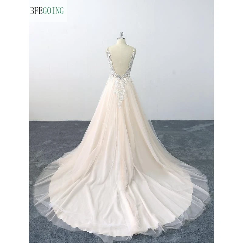 Ivory Lace Appliques Champagne Satin V-Neck Sleeveless Floor-Length A-Line Wedding Dress Chapel Train Custom Made | Свадьбы и