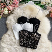 summer women floral black lace camis slim metal chain spaghetti strap tank female sexy backless sleeveless vest short tops a2064