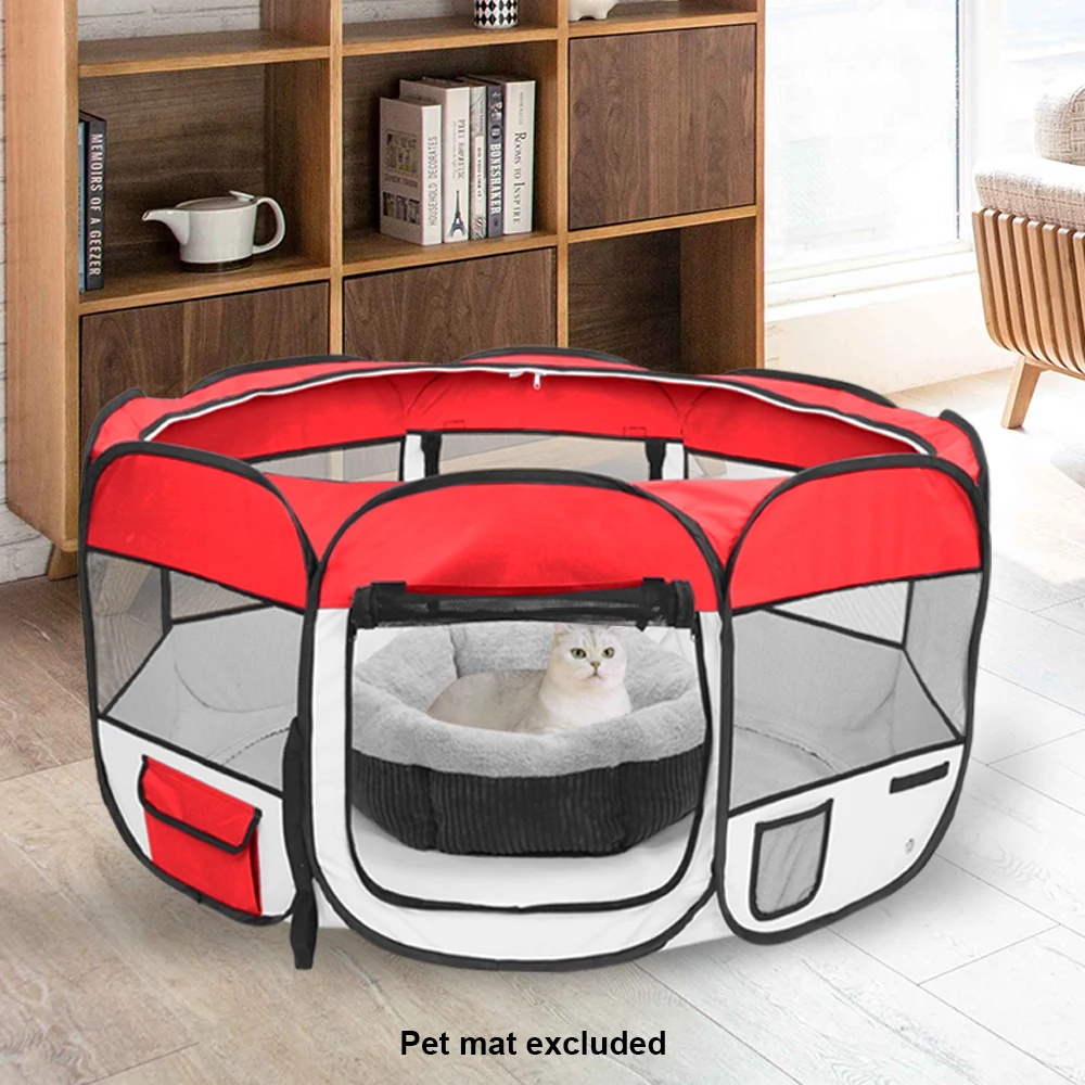 

57" Portable Foldable 600D Oxford Cloth & Mesh Pet Playpen Fence with Eight Panels Red
