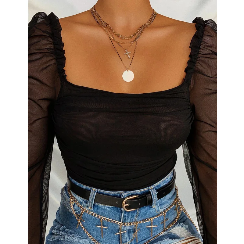 

Women's T-Shirt Sexy Square Neck Long Sleeve Top for Vacation Travelling Party Dating Photography