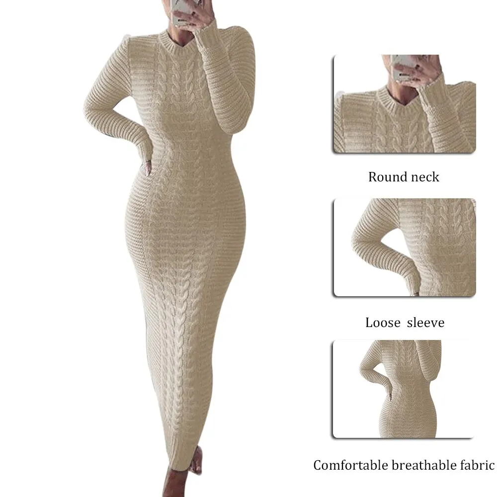 

women's stretch fabric long dress, long sleeve round neck slim dress for Party and winter, 2021