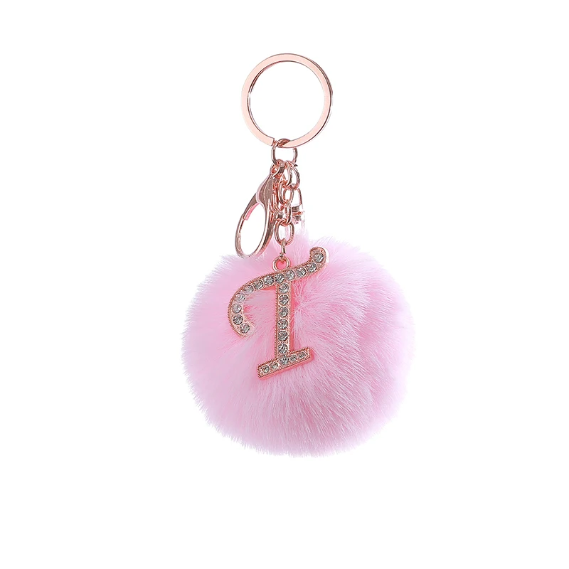 TEH Fluffy Pink Pompom Faux Rabbit Fur Ball Keychains Crystal Letters Key Rings Holder Trendy Jewelry Bag Accessories Gift | Украшения и
