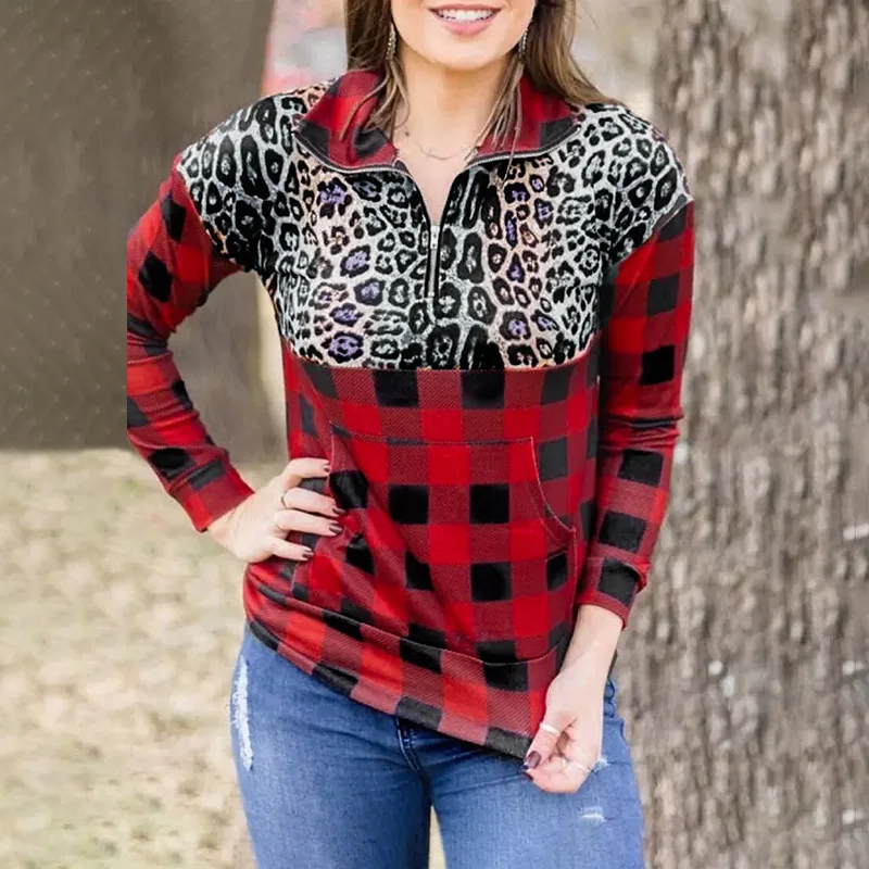 

European and American New Autumn Women's Clothes Plaid Leopard Stitching Zipper Half Open Casual Top