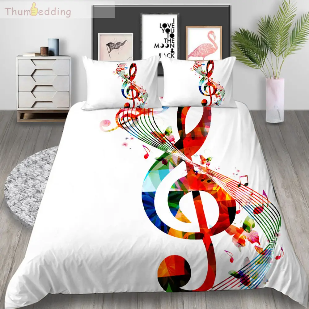 Thumbedding White Bedding Set King Size Duvet Cover Queen Music Image Soft Touching Material Bed with Pillowcase 3pcs | Дом и сад