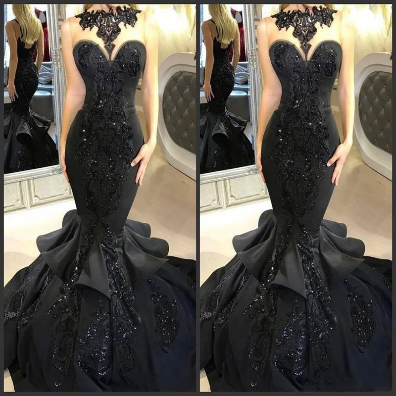 

2020 New Stunning Black Long Evening Dresses Beaded Appliqued Cascading Ruffled Mermaid Court Train Backless Formal Party Prom G