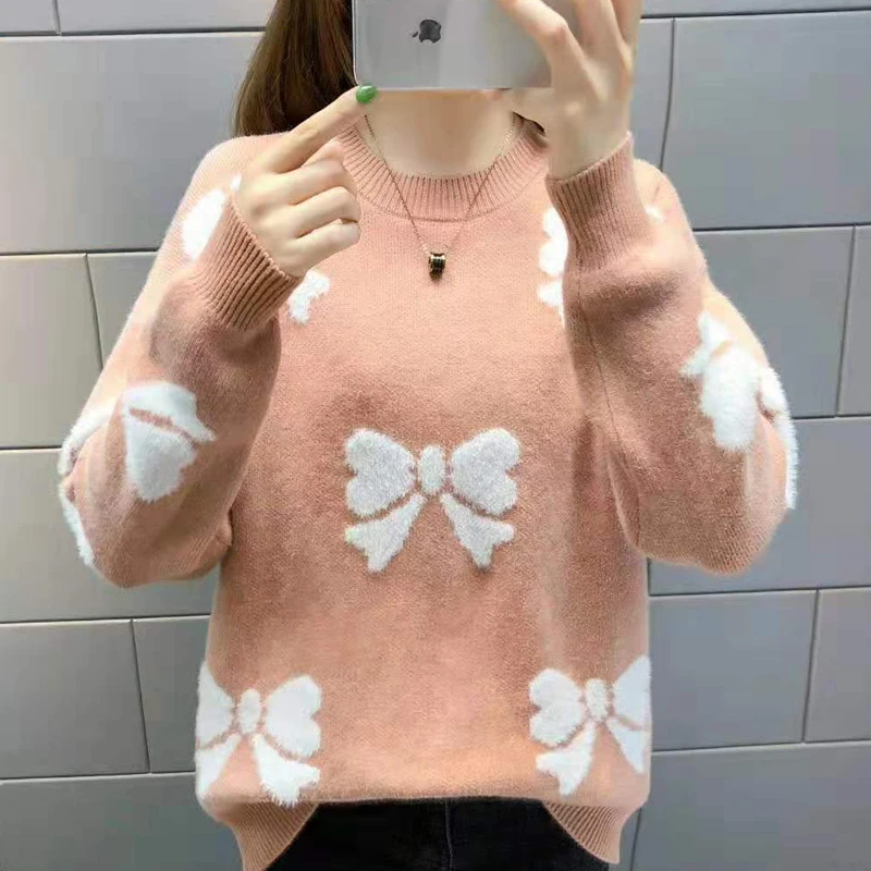 

Модный милый женский свитер с бантом, женский осенне-зимний пуловер с круглым вырезом и длинным рукавом, свободный утепленный пуловер, Женс...