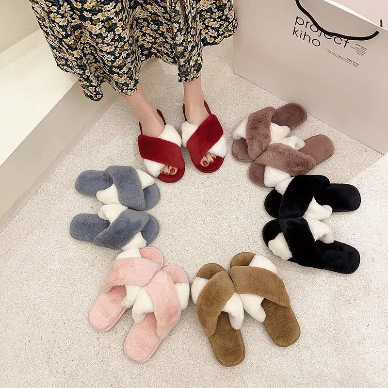 

Cotton Slippers Women Winter Plush Slippers for Women Fashion Fur Slides Cross Slippers Soft Soles Flat Slippers for Women Shoes