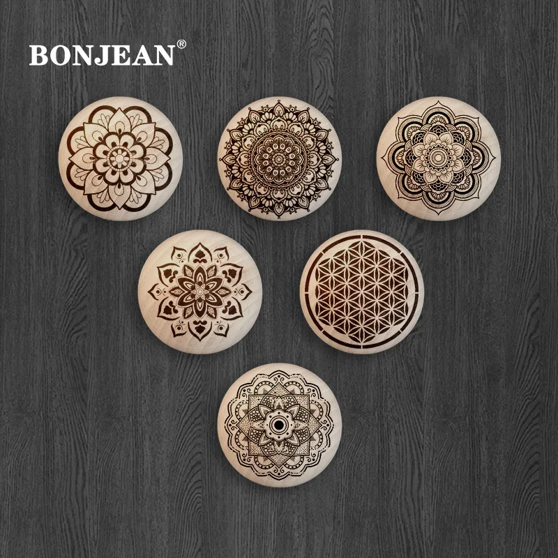 

BONJEAN Engraved Drawer Knob Wooden Retro Cabinet Pull Chic Wood Handle Single Hole Beech Circular Knob Exquisite Furniture