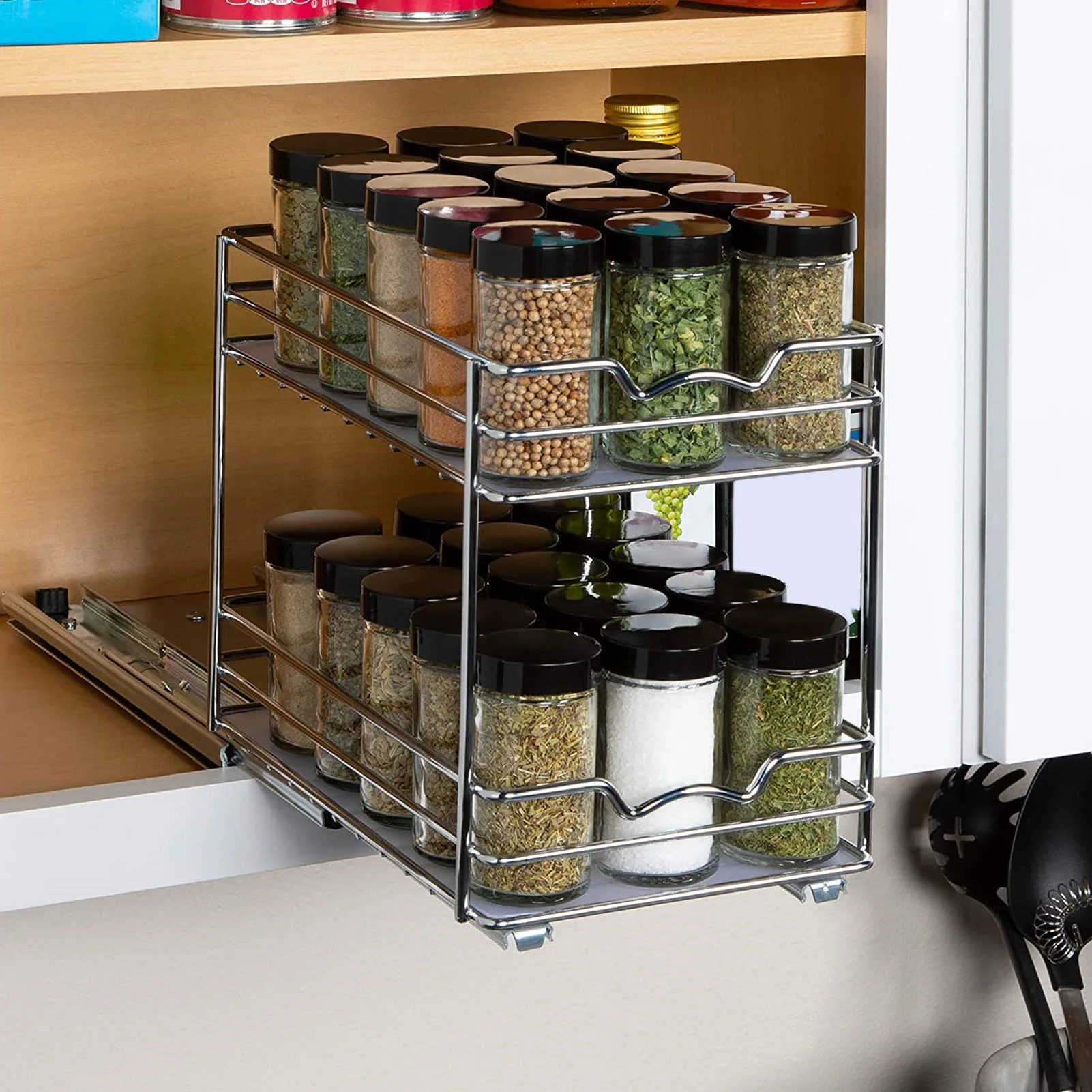

Kitchen Storage Rack Double-Layer Vertical Metal Spice Rack With Slide Rail Seasoning Organizer Shelve Cupboard Condiment Holder