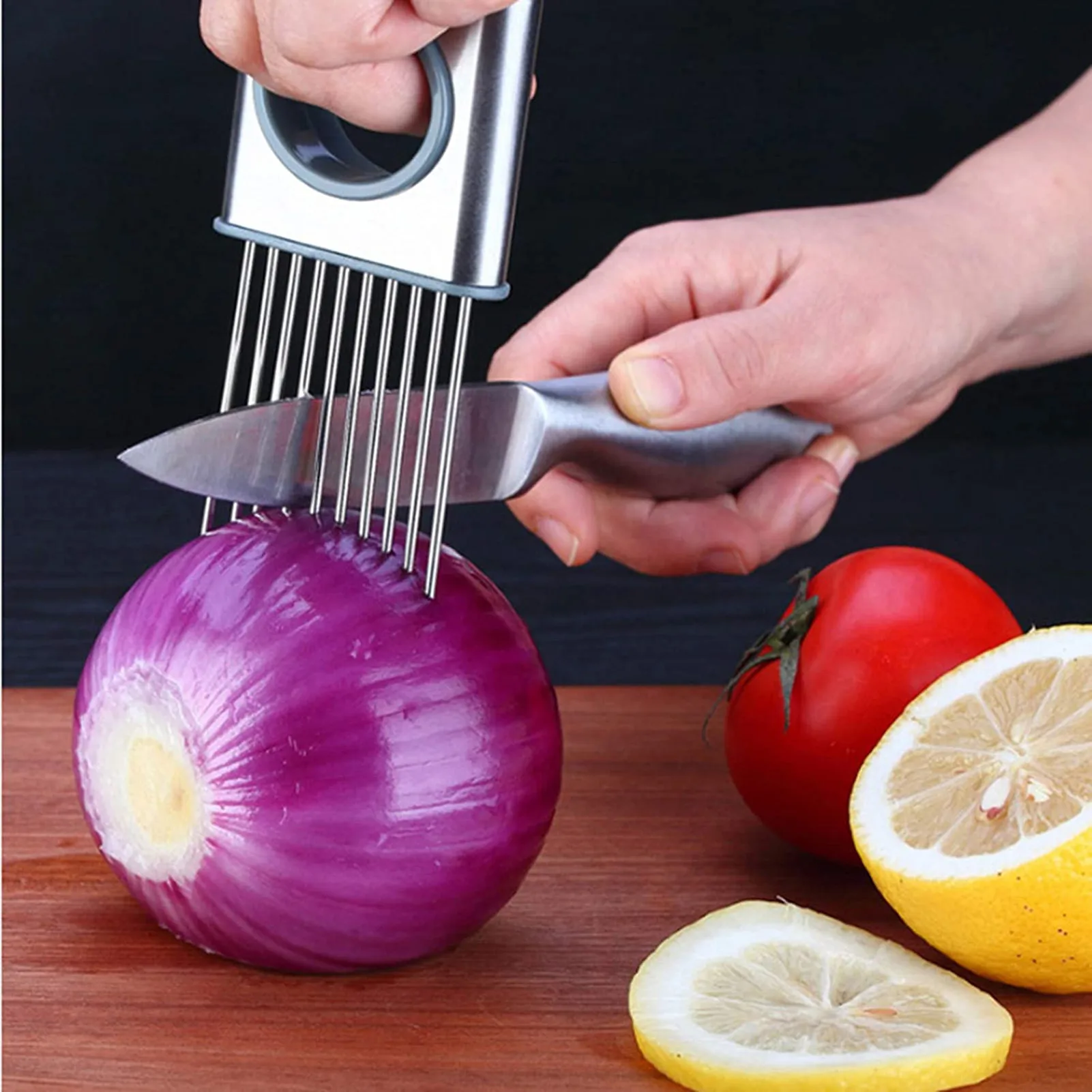 

Food Slice Gadget Onion Holder Slicer Food Fruit Vegetable Cutter Tomato Cutter Knife Kitchen Cutting Gadget