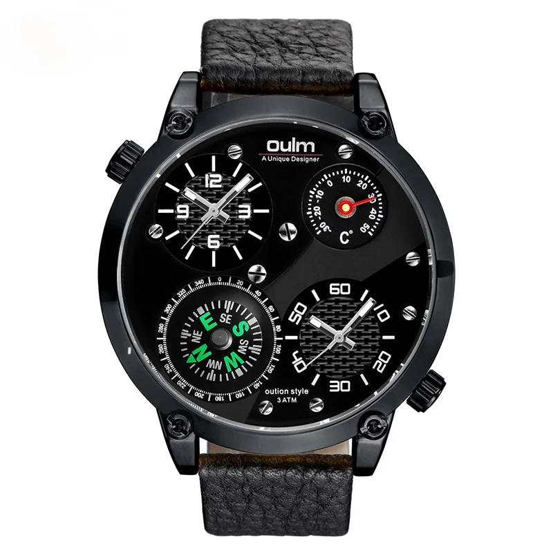

Thermometer Large Dial Men's Watch Double Time Zone Compass Leather Men's Quartz Watch