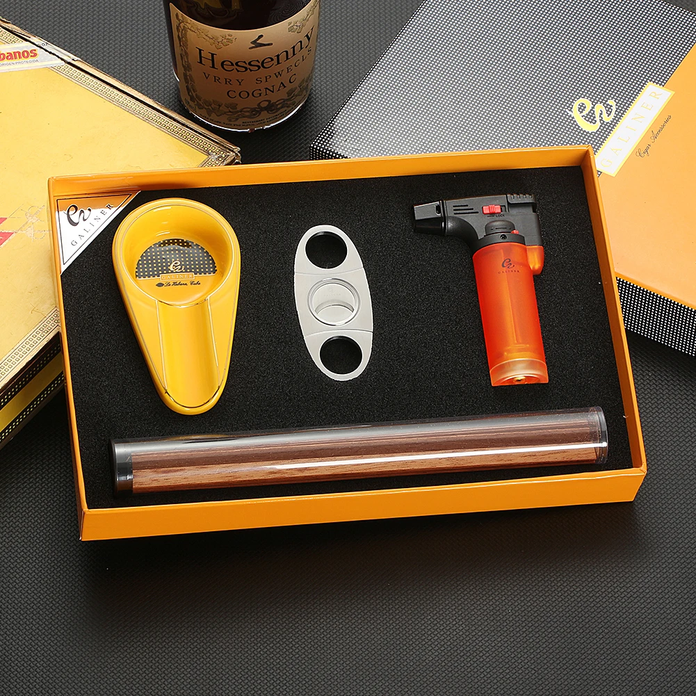

Galiner Cigar Accessories Gift Set Cedar Spills Pieces Torch Jet Lighter Cigar Cutter Sharp Smoking Ceramic Cigar Ashtray Home